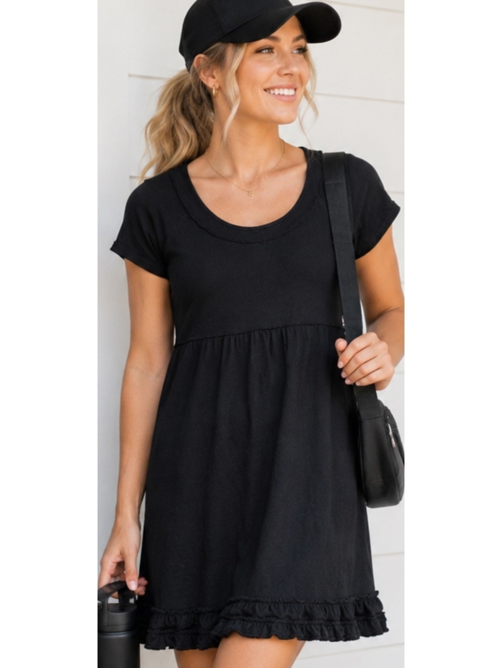 Fresh Produce Black Cotton Short Sleeve Babydoll Dress Made in USA Size L